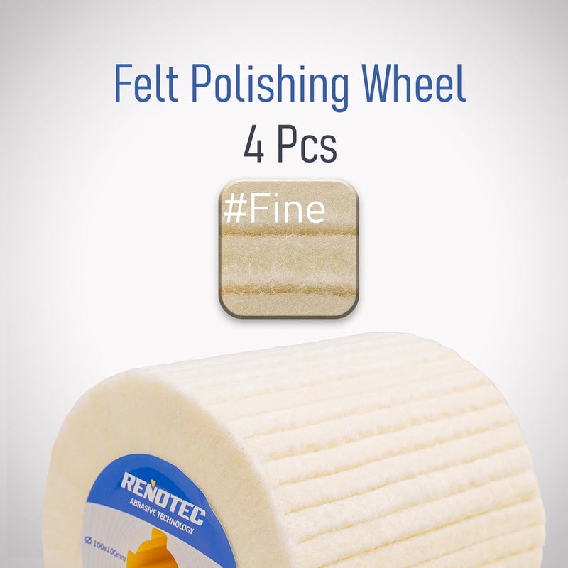 RENOTEC 4"x4" Wool Felt Wheel, 4 Pack, Fine Grit, for Polishing and Mirror Polishing of Metal - Image 3